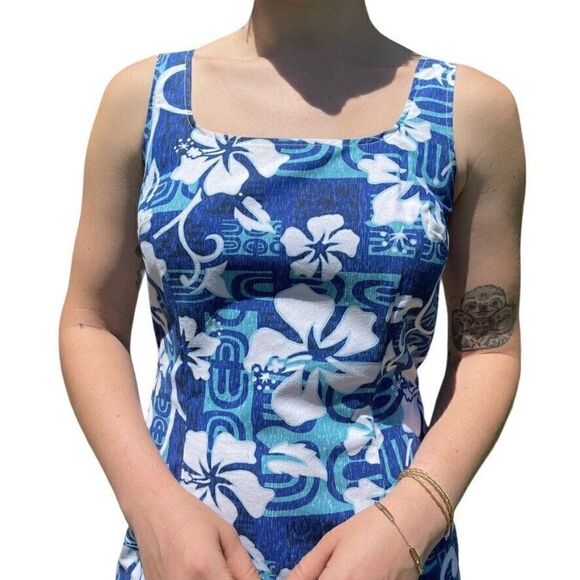 Vintage 1990s Womens Blue Hawaiian Beach Tropical Made in Hawaii Dress Sz M - Picture 2 of 6
